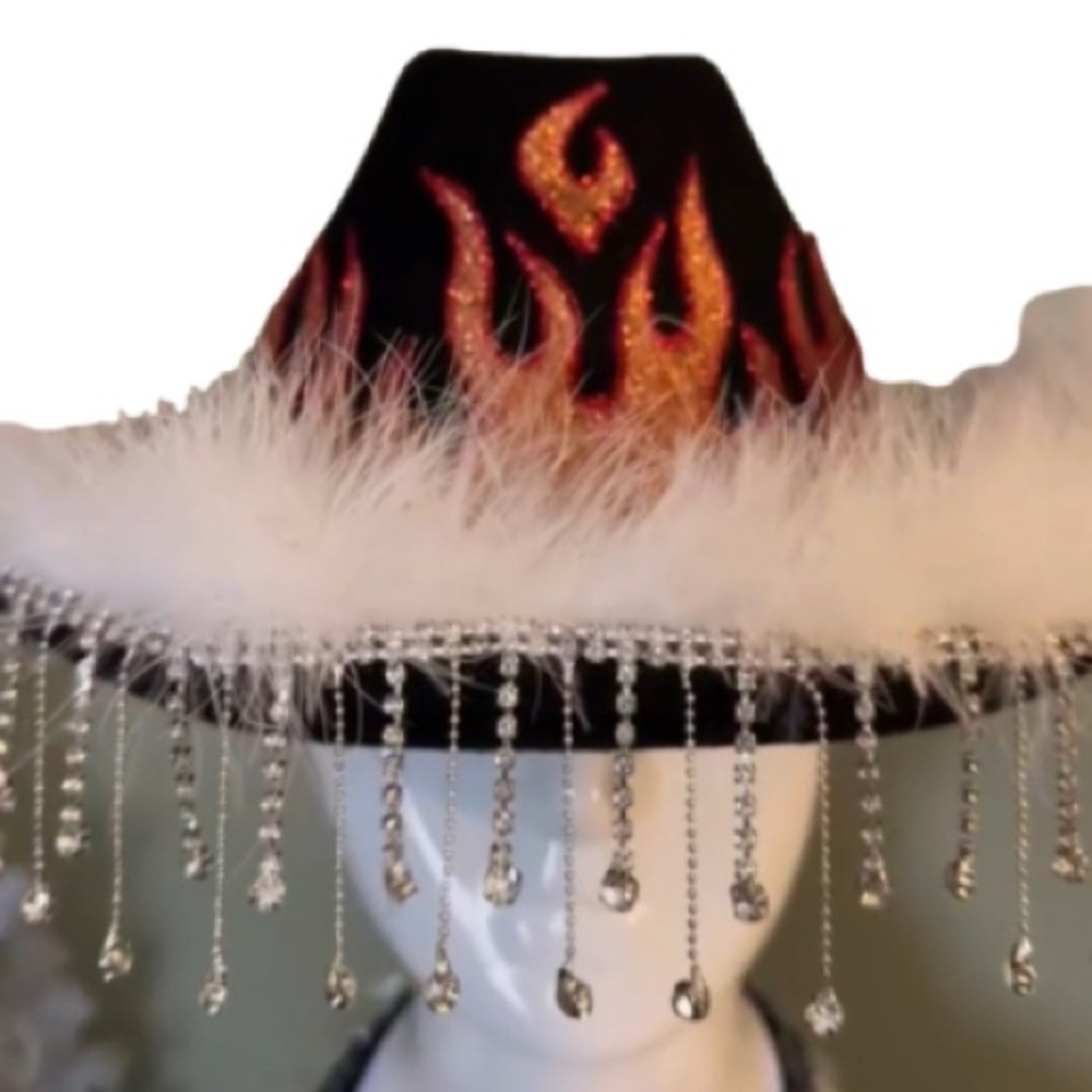 Black flame felt cowboy  hat  White Faux Fur Trim and dangling rhinestones - Picture 2 of 11